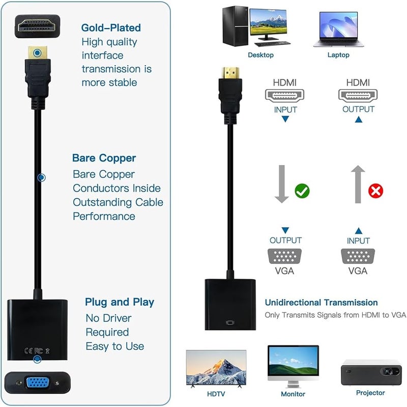 محول HDMI مطلي بالذهب إلى VGA 2 قطعة محول للكمبيوتر المحمول شاشة الكمبيوتر جهاز العرض بدقة 1080 بكسل - Image 4